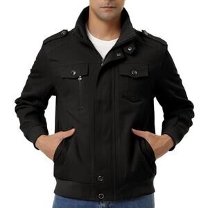 Men Wear Classic Utility Jacket Size L - XL Full Zip Black Military Stand Collar